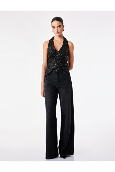 Koton Sequined Halter Neck Sleeveless Draped Double Breasted Evening Dress Bl...