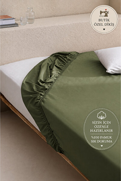 Home Elanhome Haki yeşil %100 pamuk çift kişilik LASTİKLİ ÇARŞAF+2 ADETYASTIK...