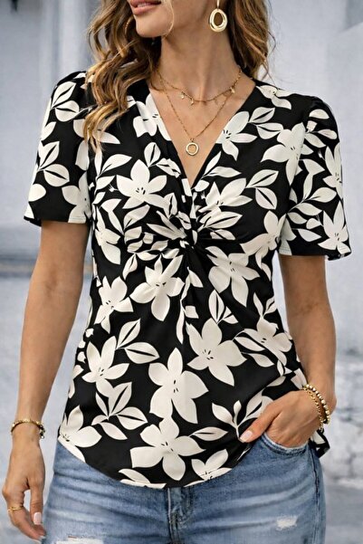 Modayakamoz Γυναικεία κοντομάνικη μπλούζα με λαιμόκοψη V και φλοράλ σχέδιο απ...