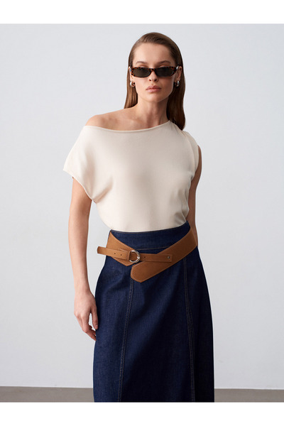 Dilvin 10870 Μπλούζα από μείγμα λυοσέλ με ντραπέ σχέδιο-πέτρα