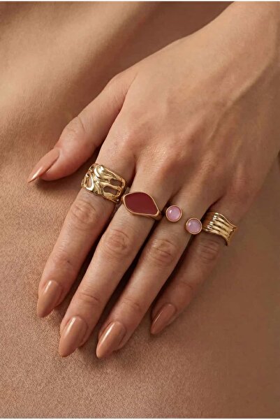 Liviena Ruby Çelik Gold Yüzük Set