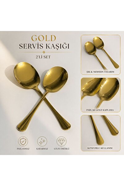 TUNAY 2'Lİ Paslanmaz Gold Servis Kaşığı Seti- 25 CM