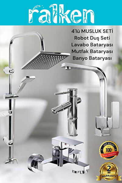 RALKEN 4’lü Batarya Seti Krom Pirinç Kare Banyo Bambu Lavabo Mutfak Eviye Mus...