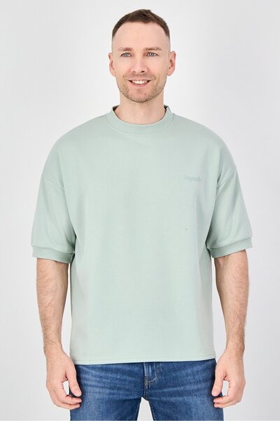 Algspar Men Crew Neck Short Sleeve Brand Logo T Shirt, Light Sage Green