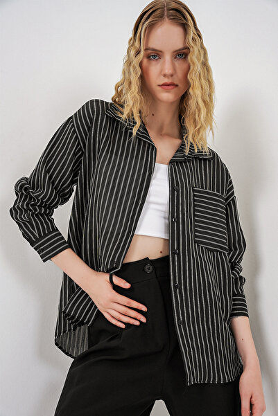 Bigdart Γυναικείο πουκάμισο με μία τσέπη, ριγέ, oversized 20375 - Μαύρο