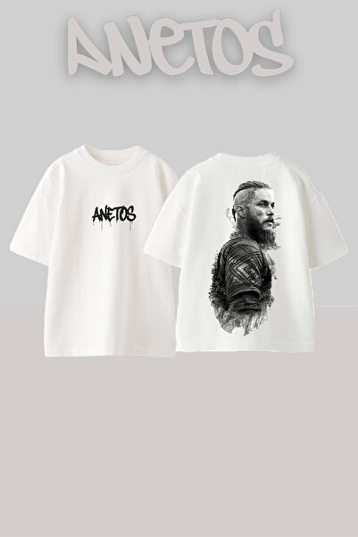 Anetos Tricou supradimensionat alb din bumbac cu imprimeu pe spate Ragnar Lot...