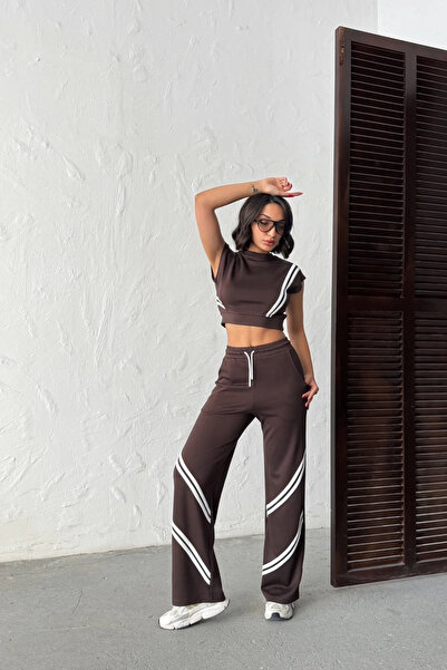 Lusin Γυναικεία μπλούζα με λεπτομέρεια σε καφέ χρώμα με ρίγες, ψηλόμεσο παντε...