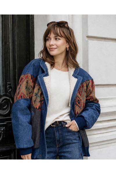 CANMODA (7981) Recien Unisex Γιακάς από γούνα Vintage Αζτέκικο Μπουφάν Oversi...