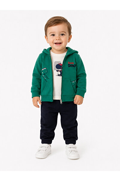 Chicsy Baby Erkek Bebek Dino Baskılı Kapüşonlu 3lü Takım Fermuarlı Hırka Tişö...