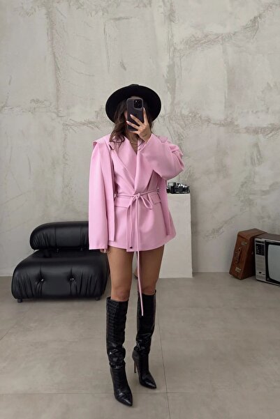 Ekim Store Ροζ Μπλέιζερ Μπουφάν Oversize με Δέσιμο με Κορδόνια