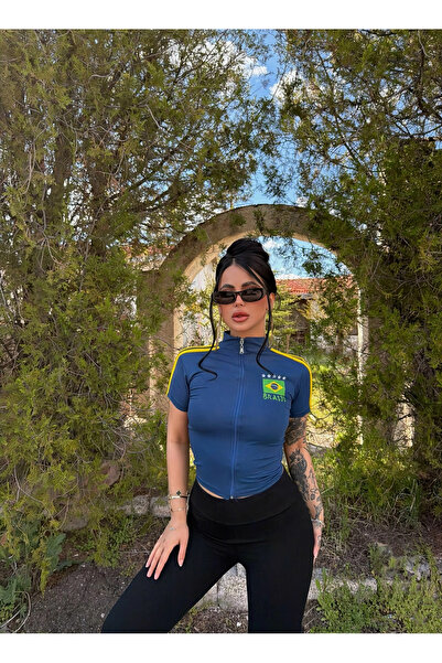 kırmızı butiks Blue Collar Zippered Brazilian Crop Top