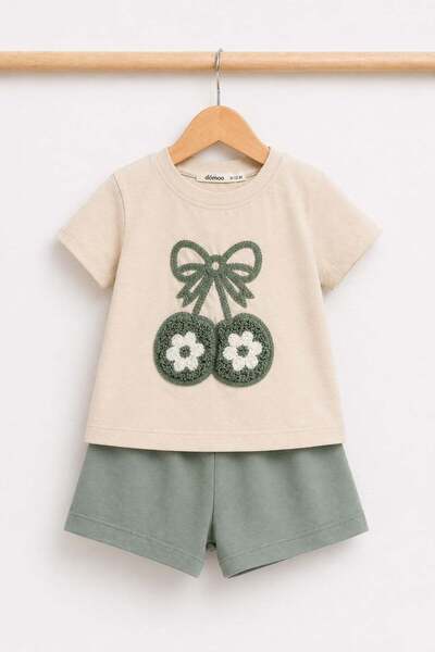 dinamik çocuk Baby Girl 2-Piece Summer Set Cherry Embossed Embroidered T-Shir...