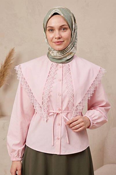 FERHEL Γυναικεία μπλούζα ποπλίνα με δαντέλα και κορδόνια - Ροζ