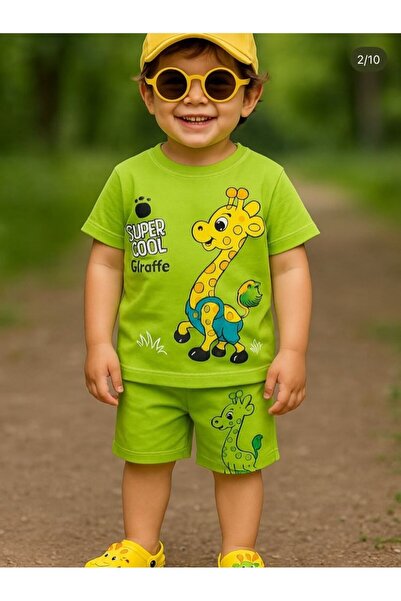 VESTIR BIEN Giraffe Printed Green Summer Shorts Top and Bottom Set Cotton