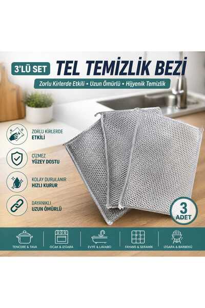 Kinlee 3’lü Tel Temizlik Bezi Seti | Çizmez Bulaşık Teli | Yağ Sökücü Metal T...