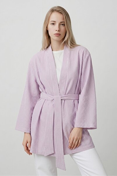 Saade Lila Kadın Dikey Çizgili Geniş Kollu Şık Yazlık Relaxed Kimono