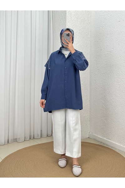 Holehola Πουκάμισο Çınar Cupra με πέτρες στους ώμους-NA868 Ναυτικό μπλε