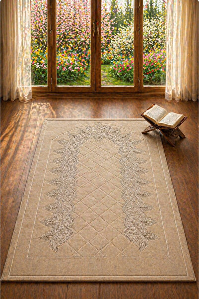 Hig Store Kapitoneli Nakışlı Çeyizlik Seccade.Bej 70x110 cm