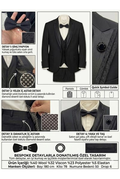 Ars Magic Box ARS ÖZEL TASARIM İŞLEMELİ OVAL YAKA DETAYLI, SLIM FIT SİYAH DAMATLIK VE ÜÇLÜ TAKIM ELBİSE ŞIKLIĞI