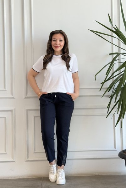 yb yağmur butik Elastic Waistband Pants with Stone Detail on the Leg