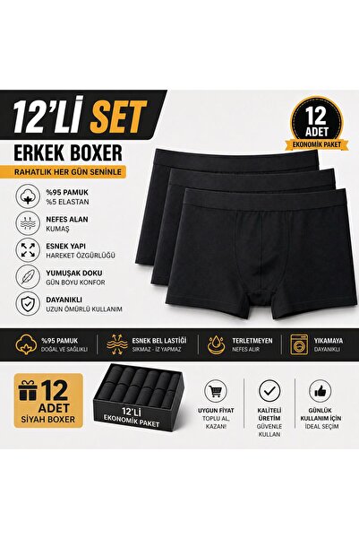 Alvin Store 12'li Erkek Boxer %95 Pamuk %5 Likralı Esnek Rahat Siyah Boxer Set