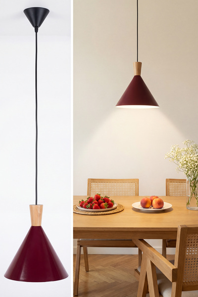 Marrien Cone Bohem Ahşap Bordo Metal Sarkıt (25 cm) Yemek Masası Üstü Avize M...