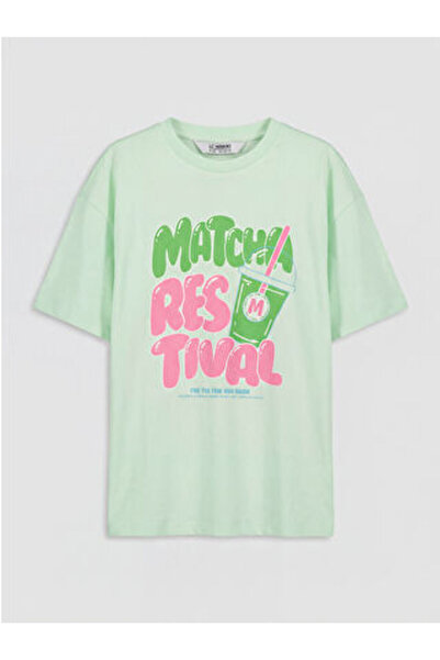 LC Waikiki New Season Green Crew Neck Short Sleeve Printed Girls' T-Shirt