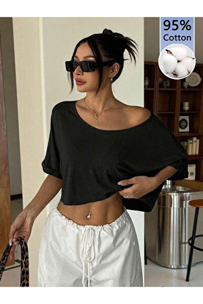 NoVibe Γυναικείο T-shirt Crop Boat Neck Oversize από 100% βαμβάκι