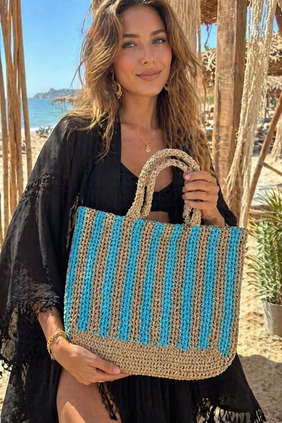 MARBERRY Τιρκουάζ Ψάθινη Γυναικεία Τσάντα 48x43 εκ.