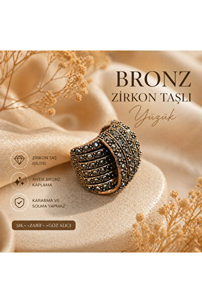 BULU'US ACCESSORIES Bronz Vintage Zirkon Taşlı Ayarlanabilir Yüzük – Şık Tasa...