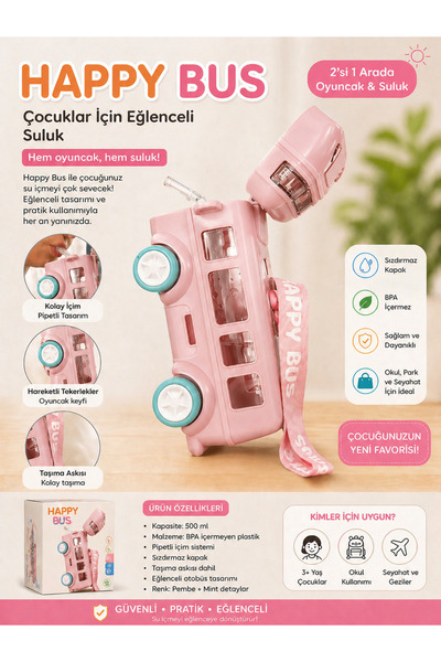 Selvira Happy Bus Otobüs Şeklinde Çocuk Suluğu 500 ml – Pipetli, Sızdırmaz Ka...