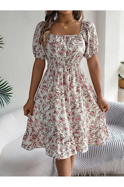 Take Two By Styli Floral Print Square Neck A-Line Knee Length Dress with Smoc...