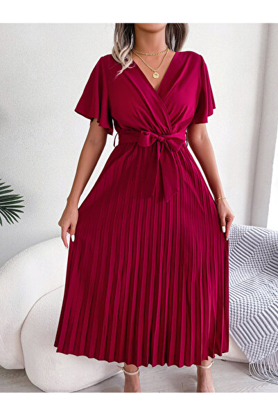 Take Two By Styli Burgundy Pleated Maxi Dress with Tie-Belt