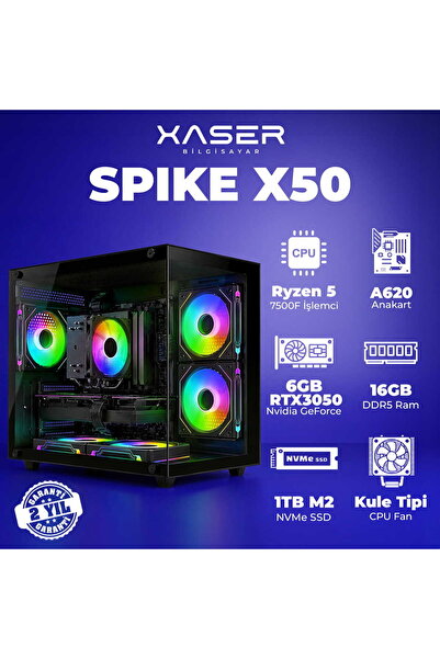XASER Spike X50 Ryzen 5 7500F 16GB DDR5 Ram 1TB M.2 NVMe SSD 6GB RTX3050 Masa...