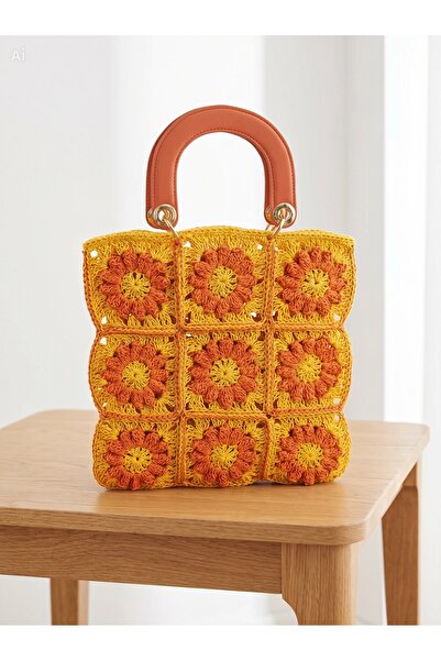 Meya design Retro Floral Motif Hand Knitted Women's Handbag - Orange/Yellow (...