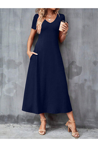 Take Two By Styli Navy Blue Short Sleeve Midi Dress with Pockets