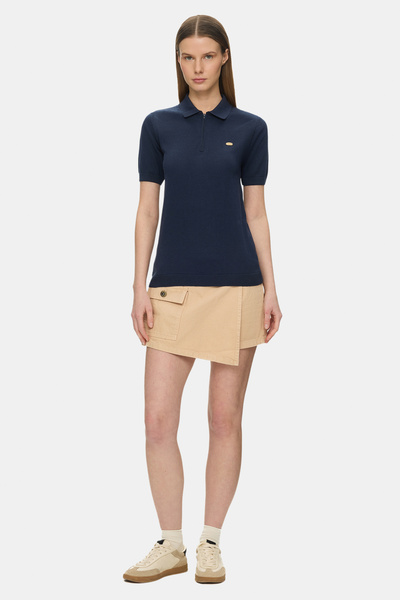 UCLA ASHERA Lacivert Polo Yaka Half Zip Triko Nakışlı %100 Pamuk Standard Fit Kadın Tshirt