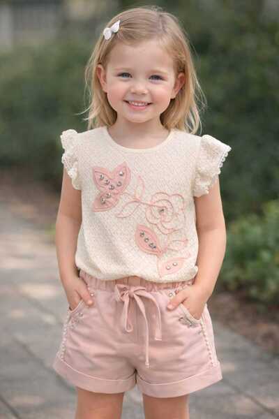kidsense Girl's Rose Embroidery Detailed Blouse Shorts Set