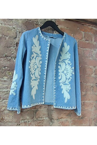 Anka Stil Denim mavi nakış islemeli otontik ceket