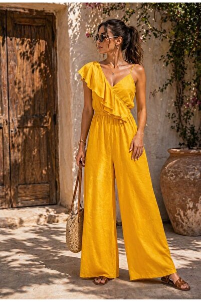 espoire butik kadın italyan keten sarı tulum