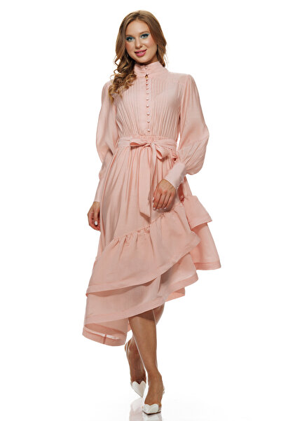 Fofy Rochie eleganta cristal rose din organza premium fusta asimetrica cu vol...