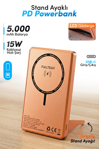 Fulltech FP49 5000 mAh MagSafe Uyumlu Kablosuz Powerbank Turuncu 15W Hızlı Şa...