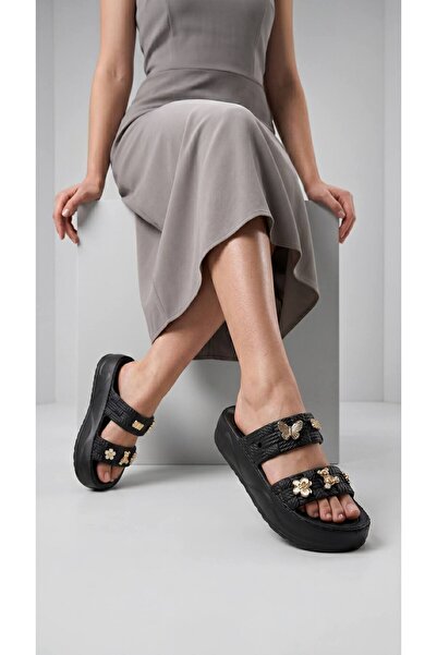 Lidora Women's Black Buckle Detailed Soft Comfortable Eva Slippers Ayk1060