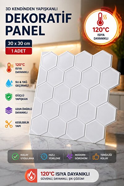 Örtücüm 3D Beyaz Petek Görünümlü Kendinden Yapışkanlı Duvar Paneli 30x30 cm |...