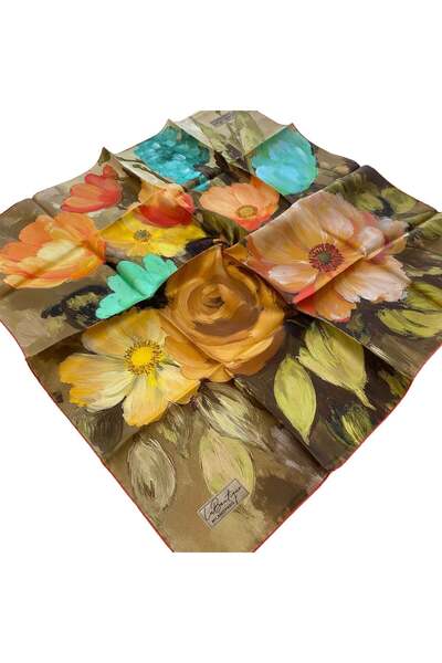 LA BOUTIQUE Tivil Silk Scarf Orange Flower Pattern 2557 - 05