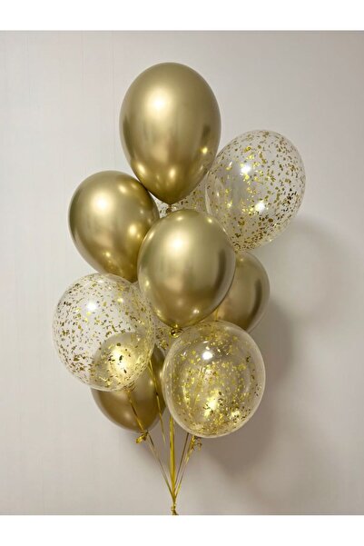 Parti Zamanı Gold Krom Ve Şeffaf Altın Konfetili Balon Seti - 10 Adet Parti S...