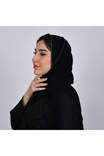 HAWRAA ABAYA Black Silk Scarf Decorated with Fine Crystal Lettering on the Ed...
