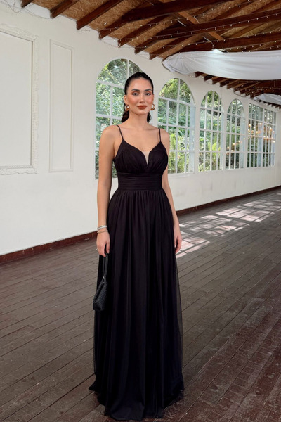 Sindimoda Melin Askılı Simli Yırtmaç Detay Tül Abiye 1036