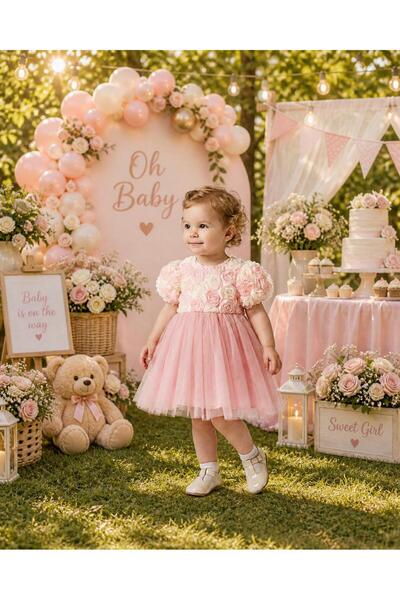 SweetMe Kız Bebek Doğum Günü Parti Düğün Elbise Kısa Kol Güllü Fiyonklu Tüllü...