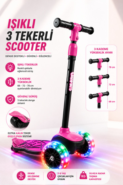 YILDIRIM OYUNCAK LED Işıklı 3 Tekerlekli Çocuk Twist Scooter – Ayarlanabilir ...